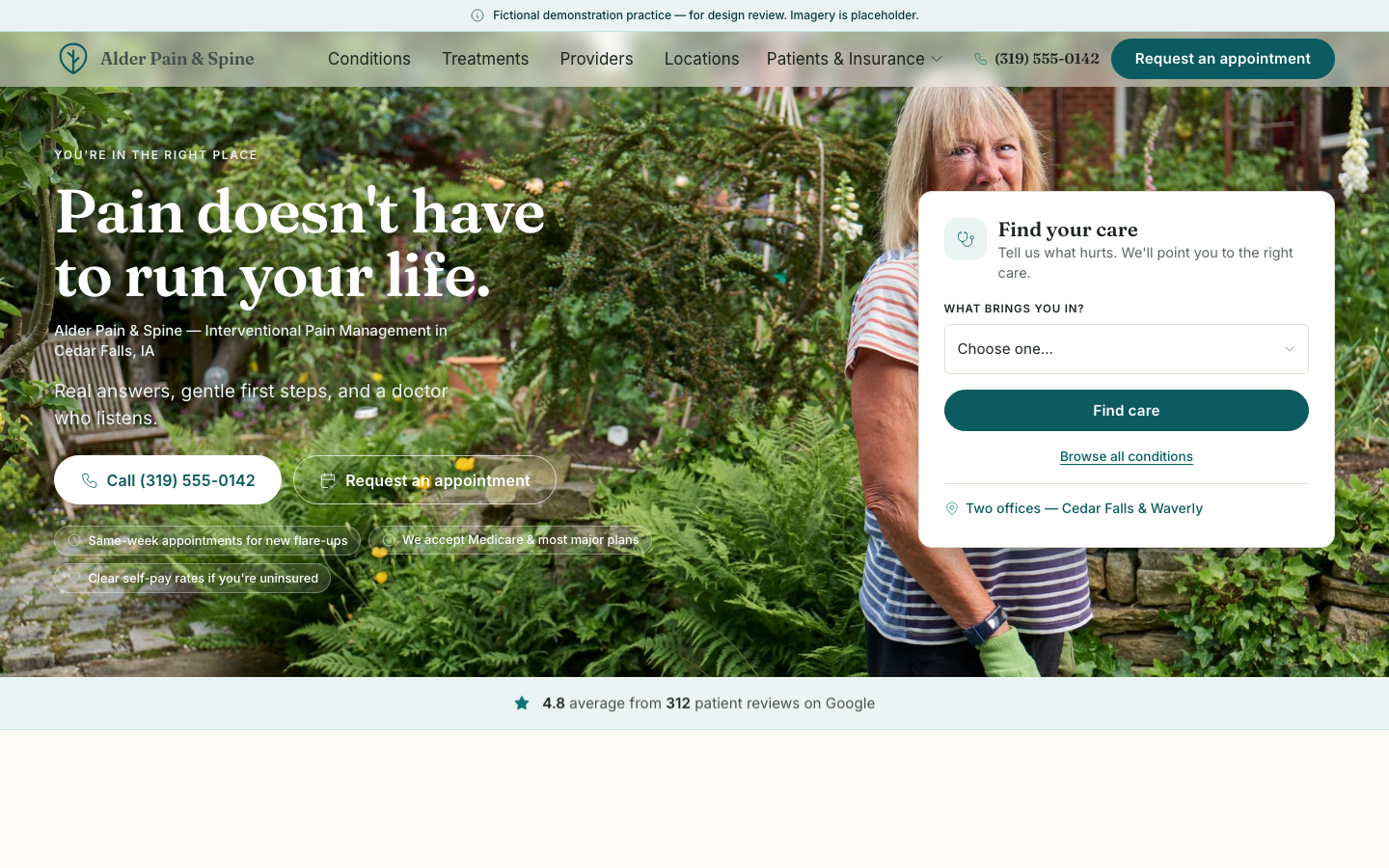 An interventional pain clinic website we build, shown as a demonstration.