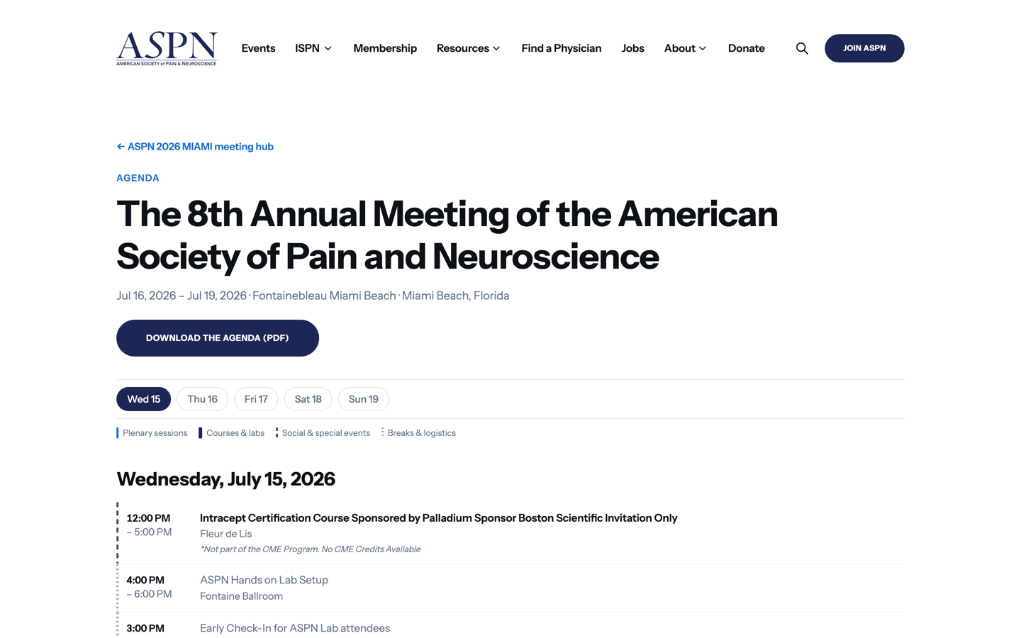 The interactive meeting agenda on aspnpain.com, with day tabs and a color-coded schedule.