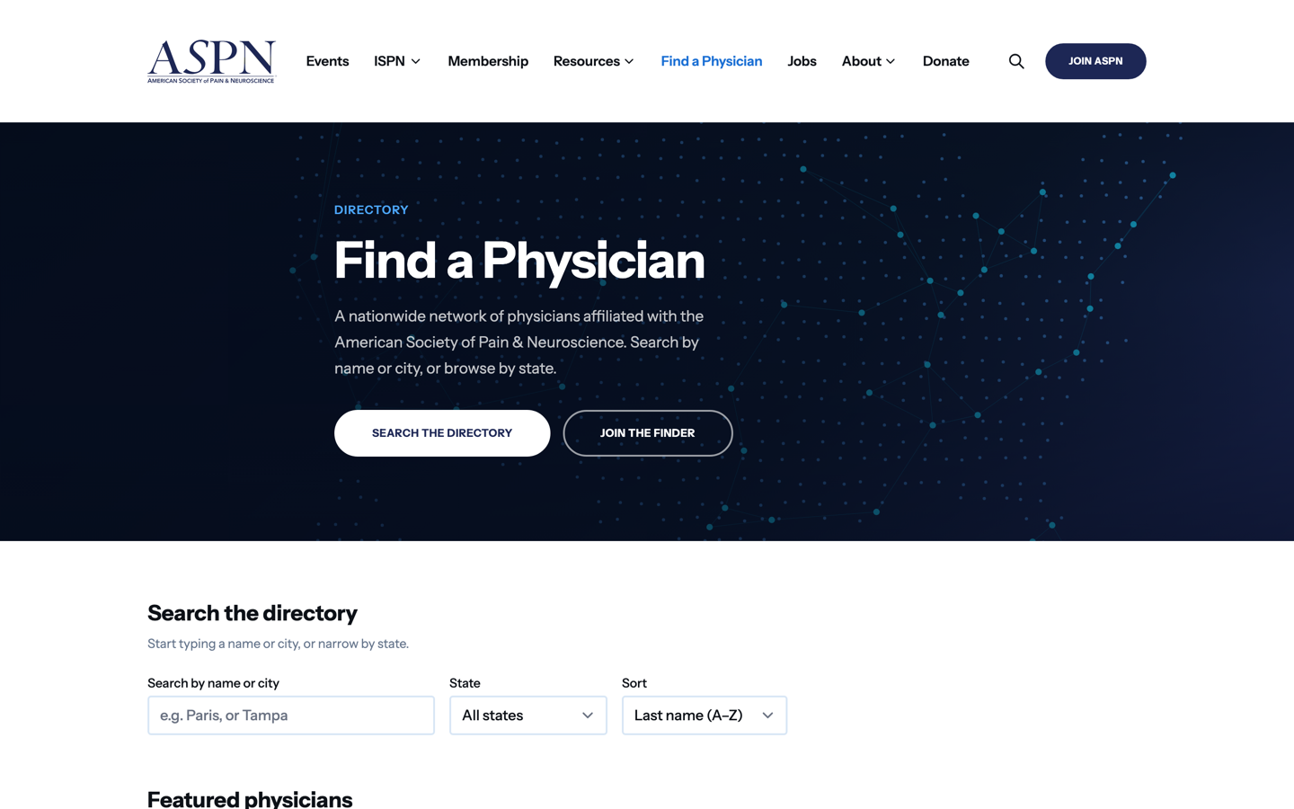 The physician finder on aspnpain.com, with search by name, city, and state.