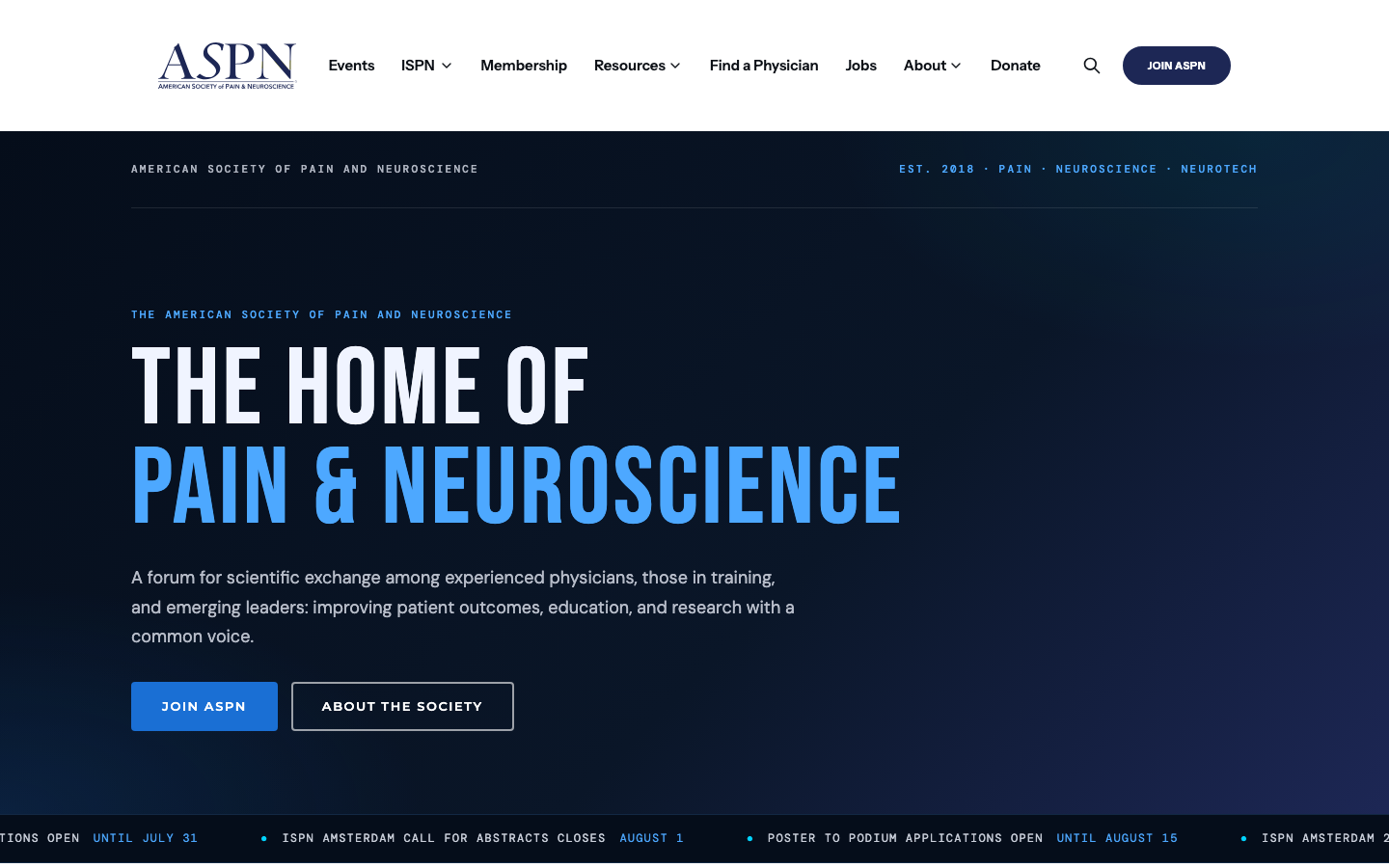 The home page of aspnpain.com, the American Society of Pain and Neuroscience website we rebuilt.