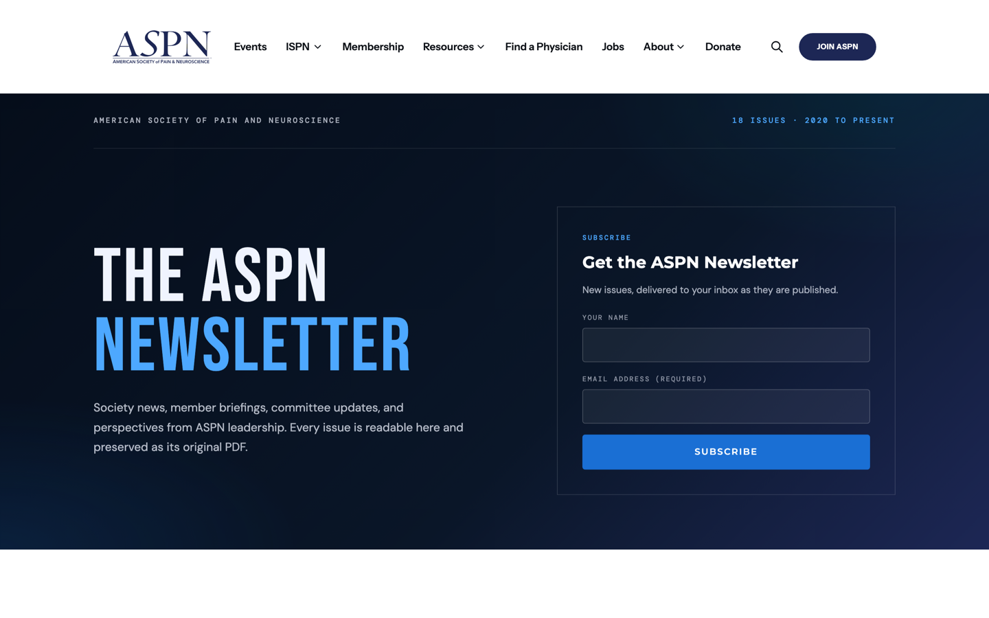 The newsletter archive on aspnpain.com, every issue readable on the site.