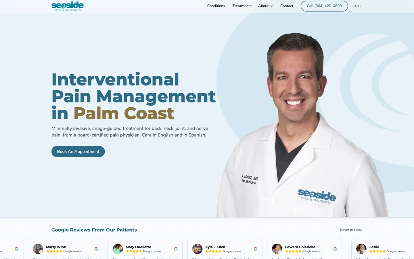 The home page of an interventional pain clinic site we built.